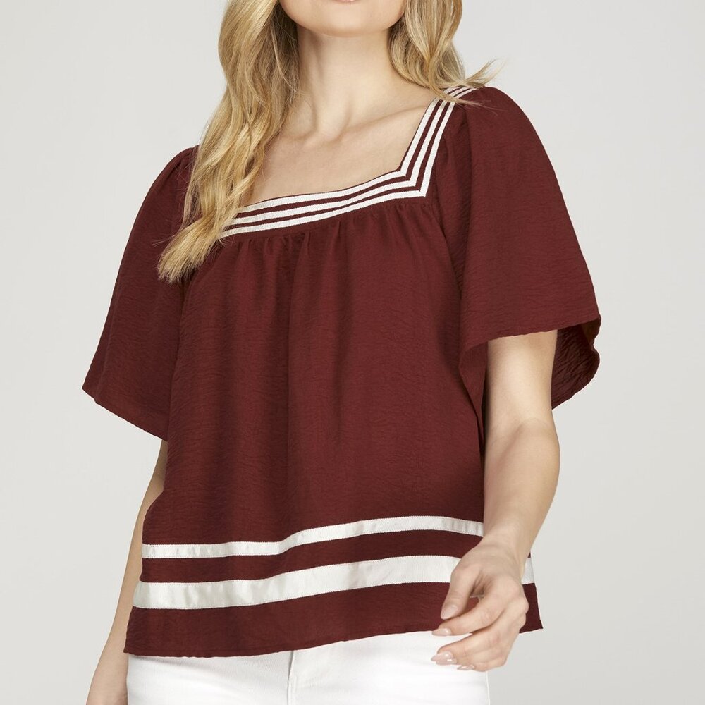 SHE + SKY MAROON & WHITE DOLMAN TOP